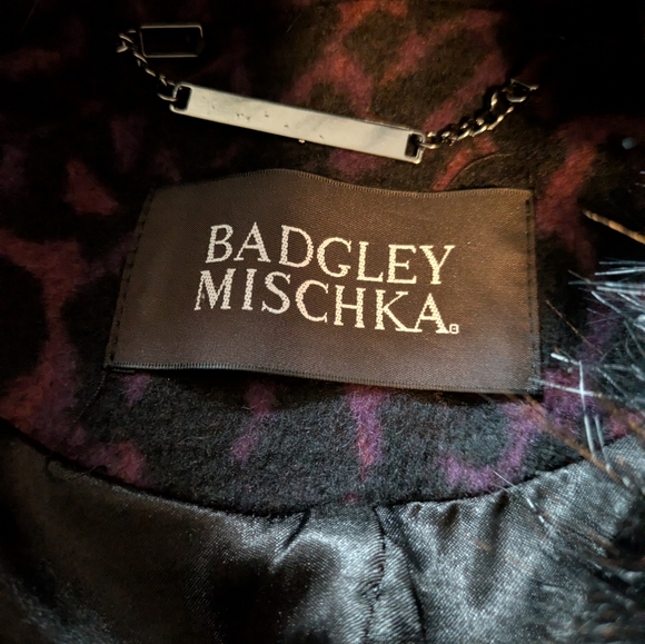 Badgley Mischka Purple And Black Midi Leopard Coat With Removable Faux Fur Trim - Picture 2 of 4